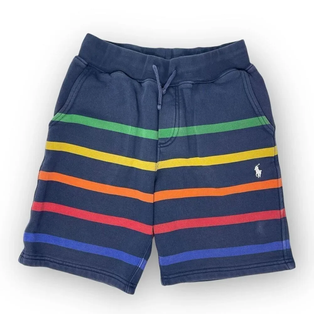 Polo Ralph Lauren Fleece Blue Rainbow Striped Shorts Boys Size Medium 10-12